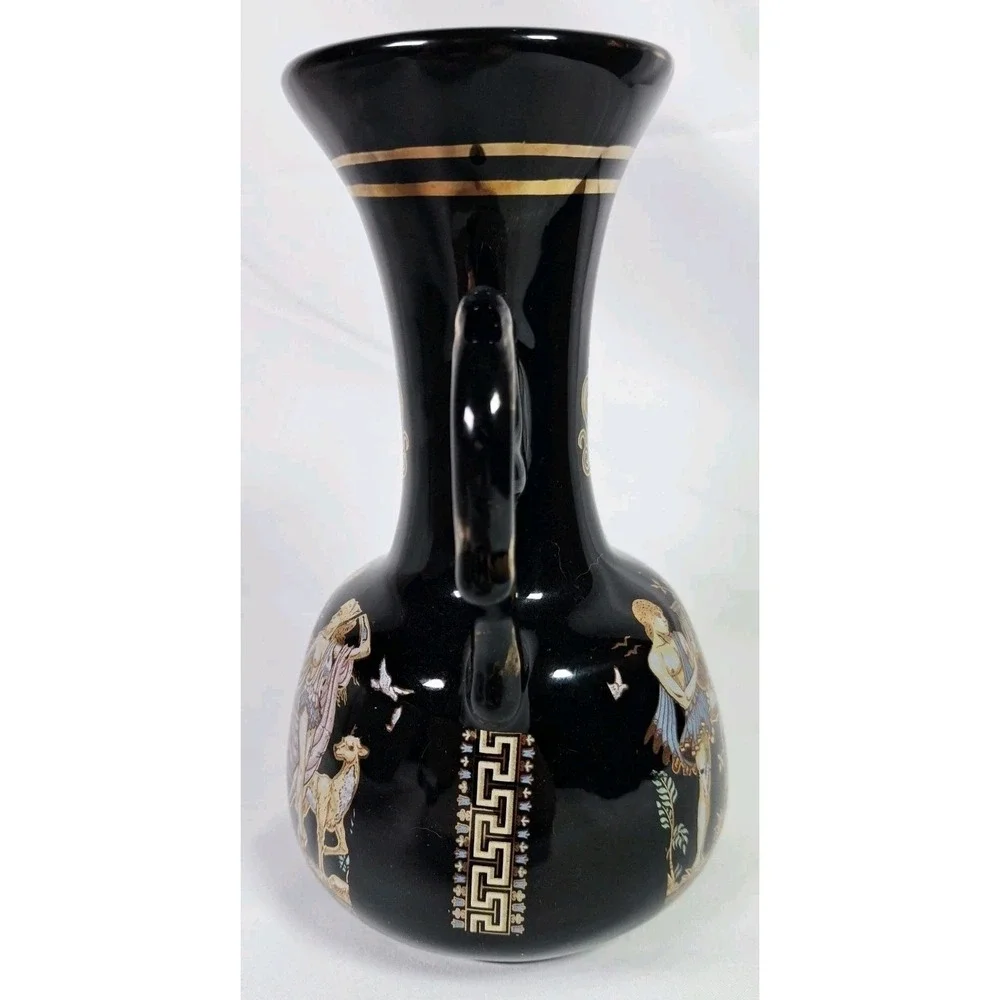 Vintage Greek Mythology Black Gold Amphora Vase‎ Double Handle Urn Harp Greece